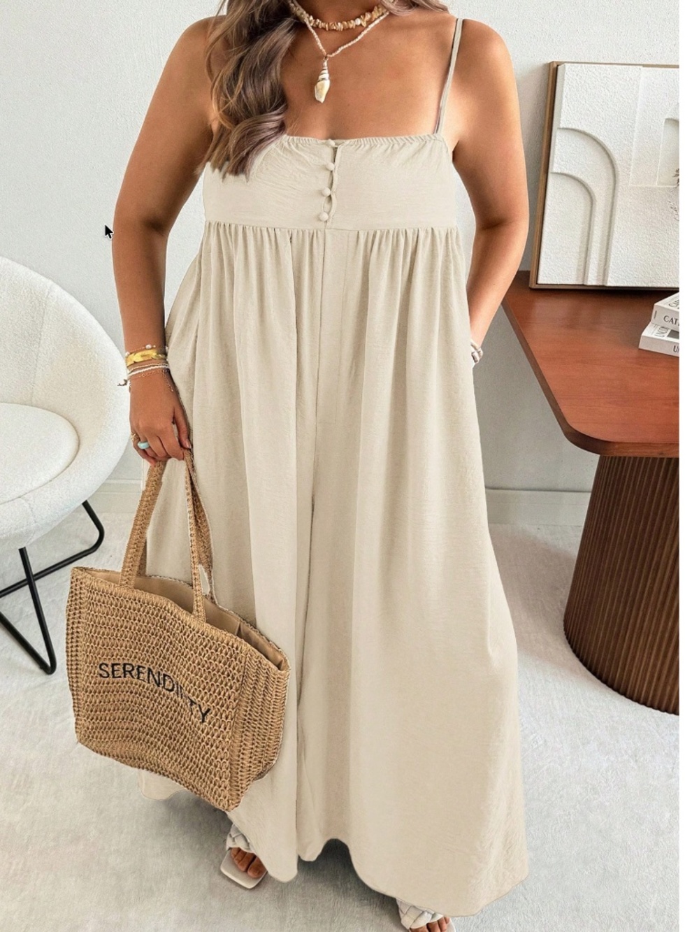 Plus Solid Button Flowy High Waisted Wide leg Jumper Jumpsuit - Picture 2 of 12
